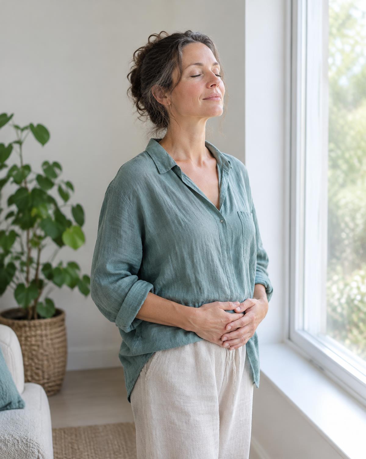 A woman standing by a window with her eyes closed, taking a slow breath