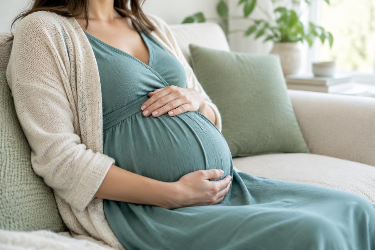 A pregnant woman sitting on a sofa with her hands resting on her bump