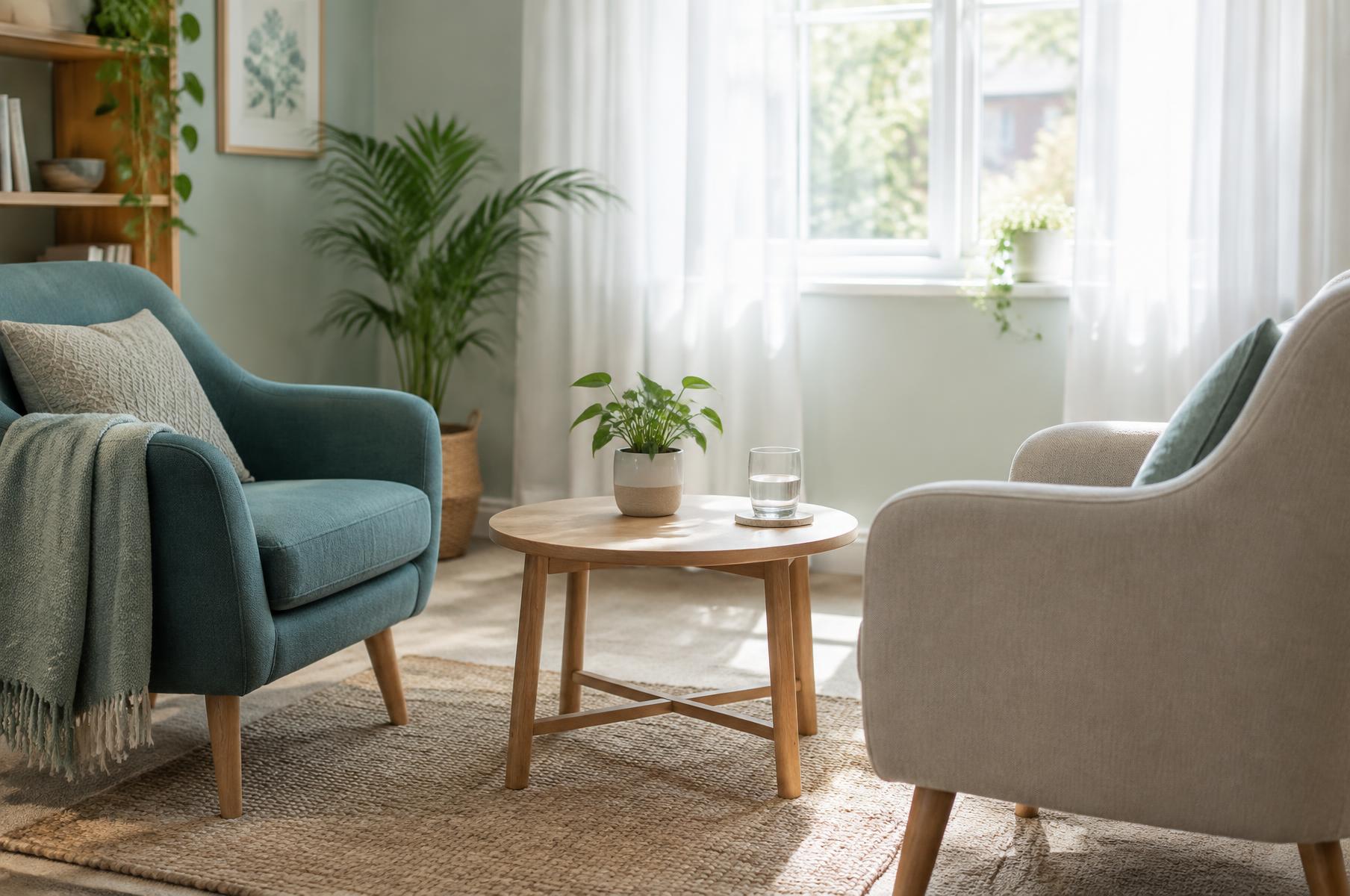 A calm, bright room with two armchairs, ready for a session