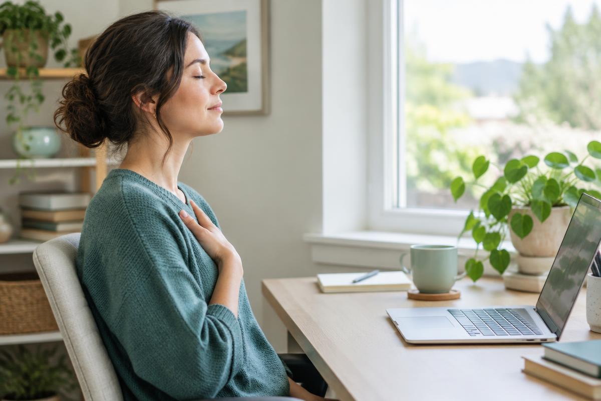 A person at a desk by a window pausing with their eyes closed and a hand on their chest