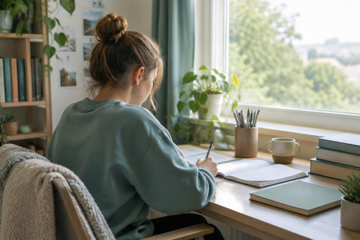 A student studying calmly at a desk by a window